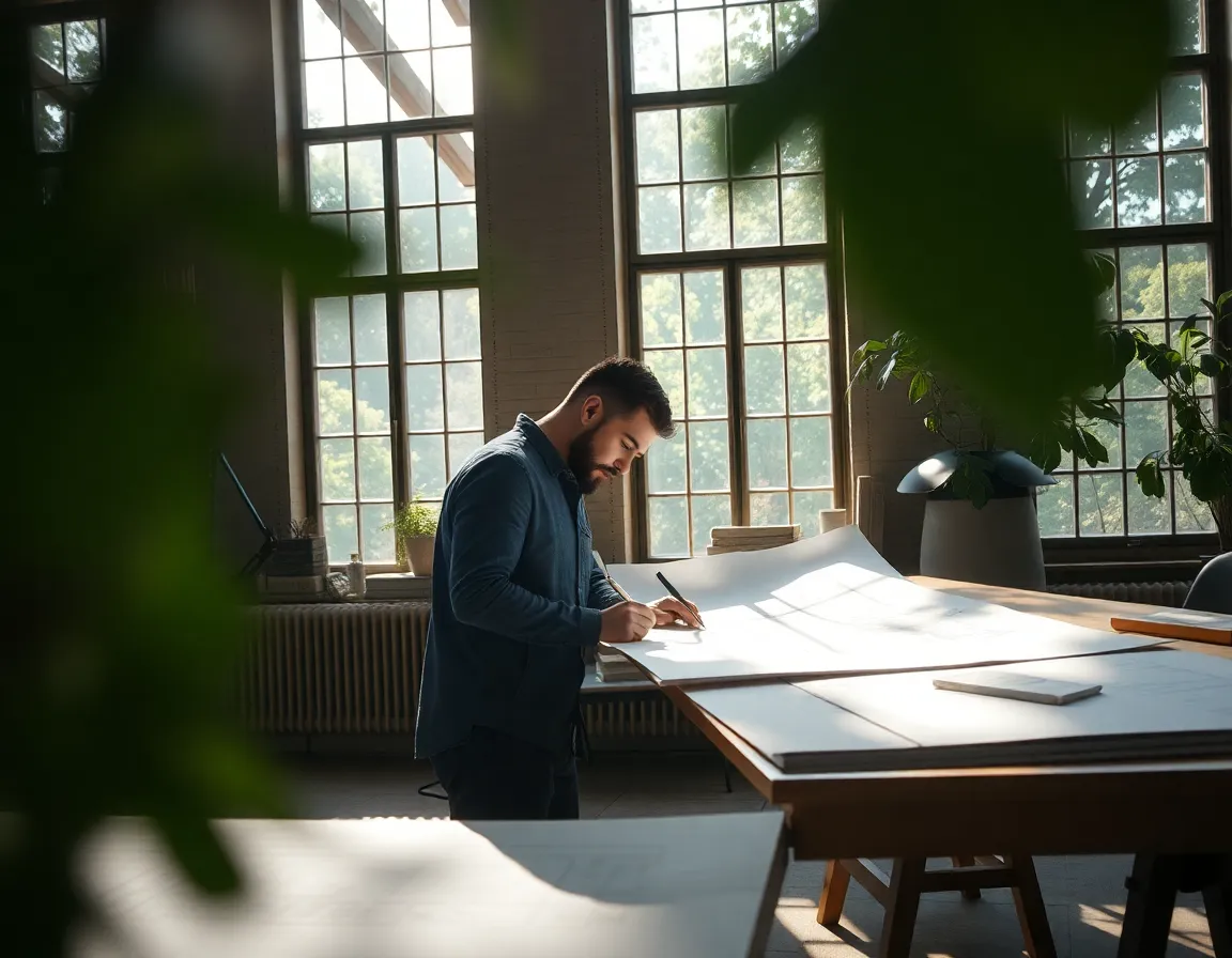 An architect is immersed in work, examining intricate blueprints spread across a drafting table in a sunlit studio. The warm light filtering through high windows creates a cheerful and inspiring environment. The shallow depth of field beautifully blurs the background, focusing attention on the architect's thoughtful expressions and the detailed designs. Soft greens and earthy tones reflect the artistic nature of the workspace.
