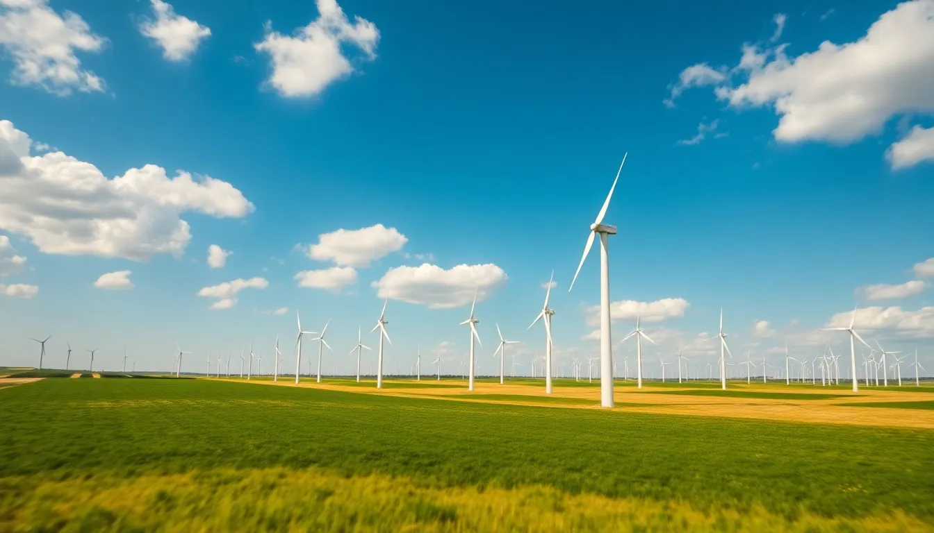 Expansive Wind Turbine Farm Under Blue Sky