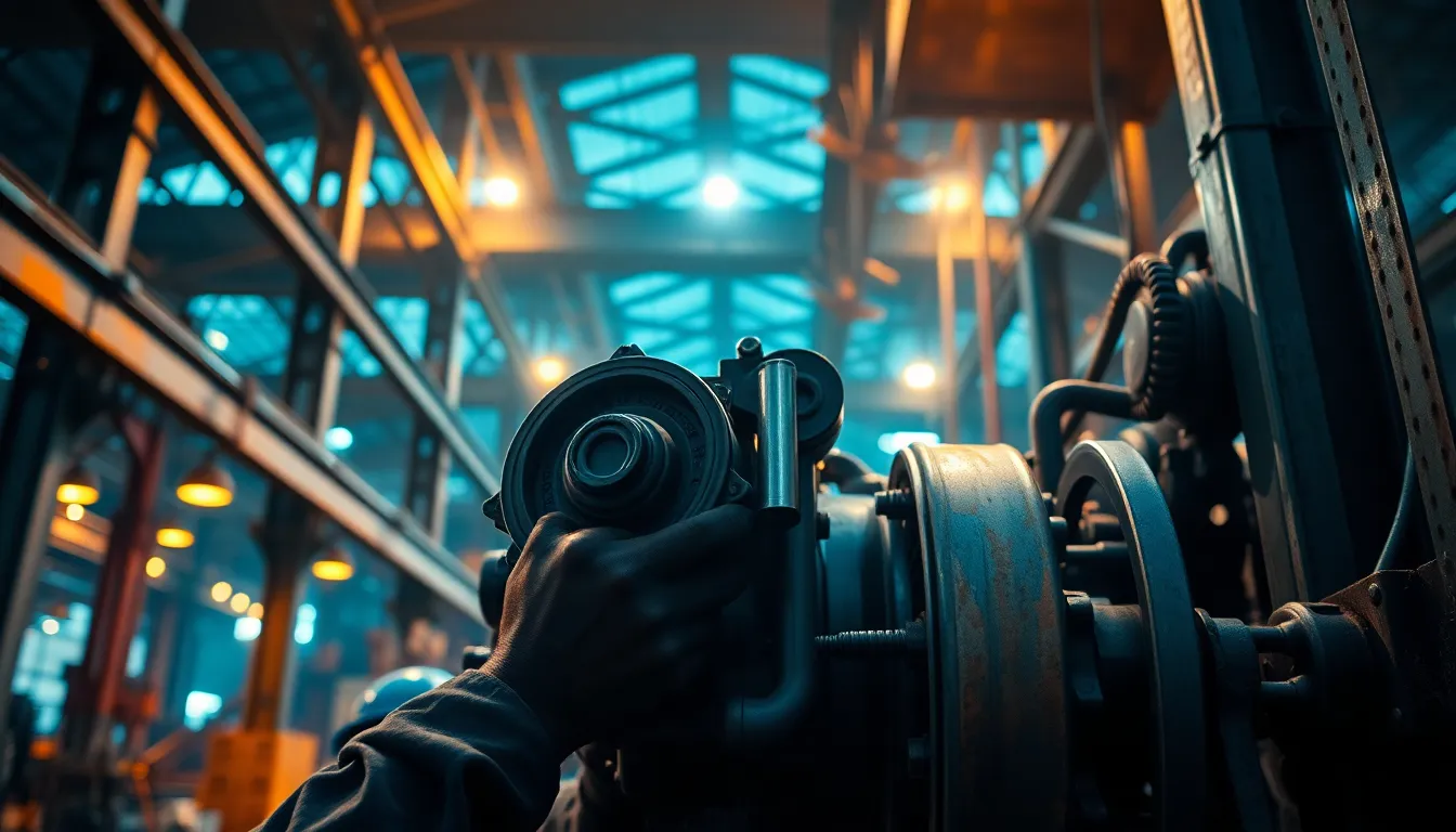 Worker Assembling Machinery in Industrial Setting This image portrays a skilled worker focused on assembling complex machinery in an industrial environment. The ambient light from overhead work lamps creates a warm glow against the cool steel surroundings. The shallow depth of field emphasizes the worker's hands and the intricate details of the machinery. The cinematic color grading enhances the mood, showcasing the blend of craftsmanship and industrial aesthetics.