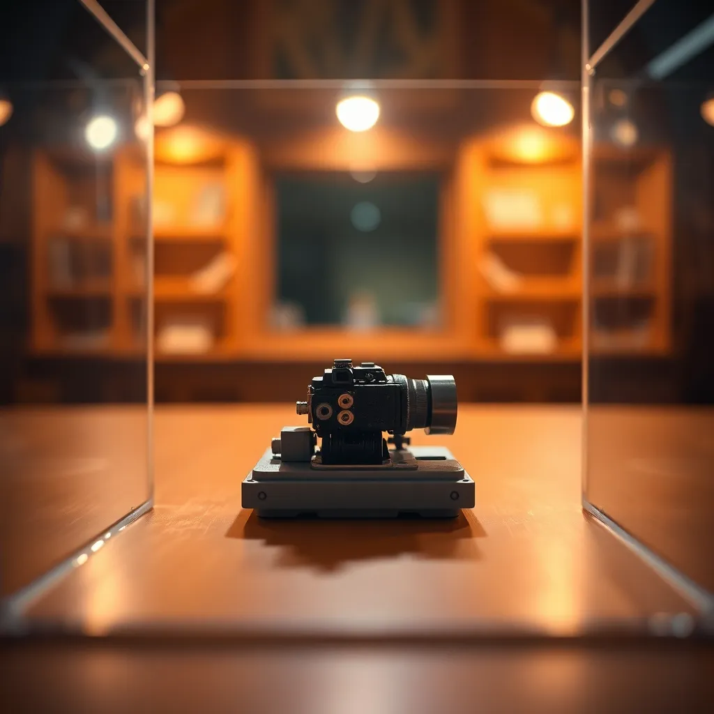This close-up image captures an engineering prototype elegantly displayed in a bright studio setting. The three-point lighting setup highlights the meticulous details and textures of the prototype, set against a stunning polished wood background. The shallow depth of field creates a dreamy bokeh, drawing attention to the intricate components. The warm tones of the Kodak Portra 400 palette give the image an inviting atmosphere, ideal for showcasing innovation.