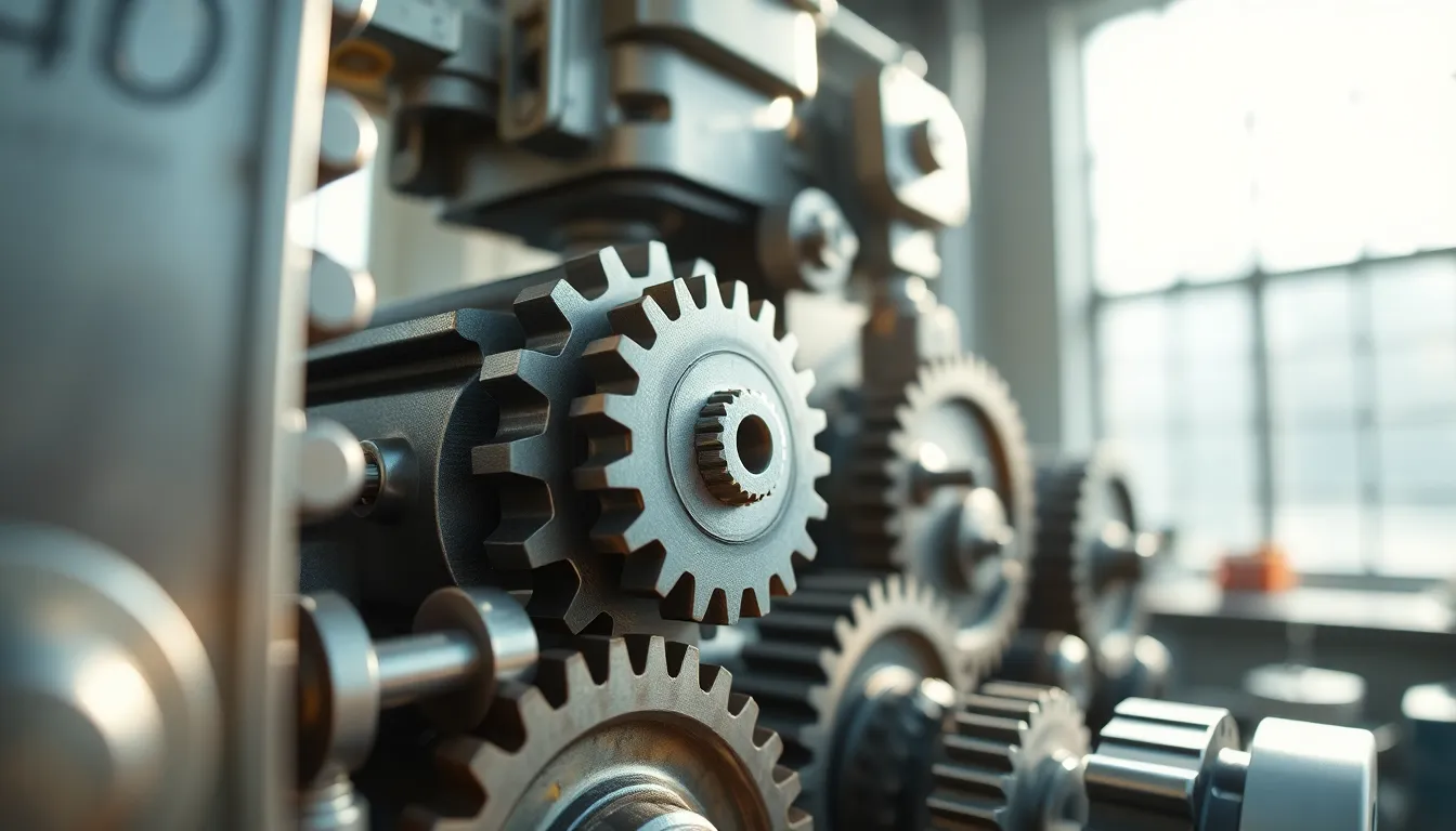Close-Up of Engineering Gears in Laboratory This macro image focuses on the intricacies of gears within an engineering lab, illuminated by soft diffused daylight. The gentle shadows and highlights accentuate the textures of the metallic surfaces, while the blurred backdrop emphasizes the foreground details. Muted colors resonate with a classic industrial aesthetic, showcasing the beauty of engineering design. The composition centers around a prominent gear, leading the viewer through the complex assembly.