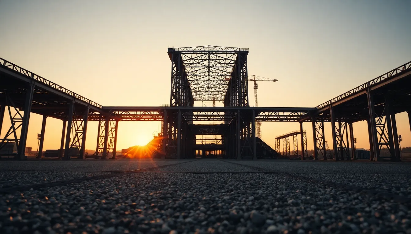 This impressive image showcases a large steel structure bathed in the warm light of the golden hour. The hyperfocal depth of field captures everything in sharp detail, allowing the foreground gravel to the background construction site to be vividly clear. The symmetrical composition of the architecture stands out against the colorful sky, while the warm highlights and shadow play create a mesmerizing atmosphere. The textures of the steel frame add depth and visual interest.