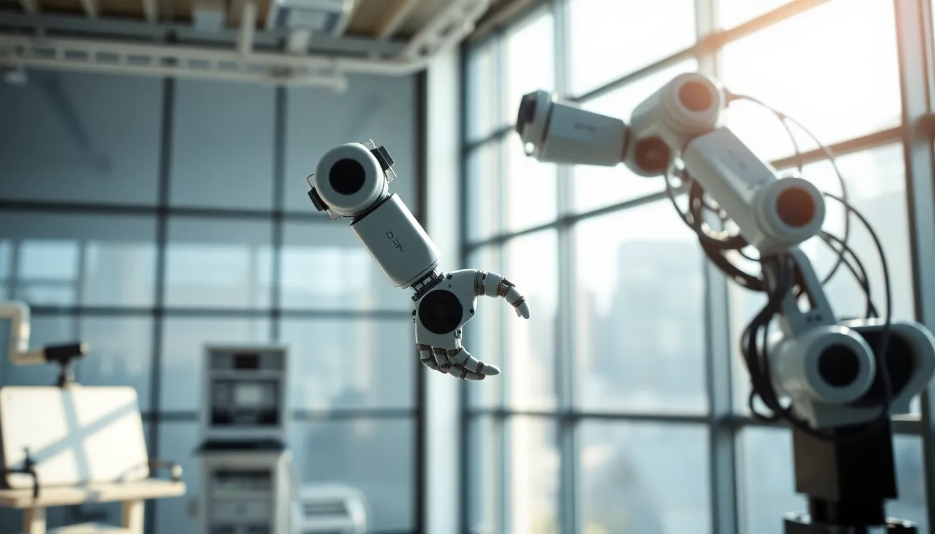 Robotic Arm in High-Tech Lab This image depicts a robotic arm in motion within a high-tech laboratory, illuminated by soft morning light filtering through glass. The warm color palette highlights the advanced technology, creating a tranquil and focused atmosphere. The shallow depth of field ensures the robotic arm is the focal point, while the background softly blurs to suggest a busy environment. The symmetrical composition adds balance to the scene.