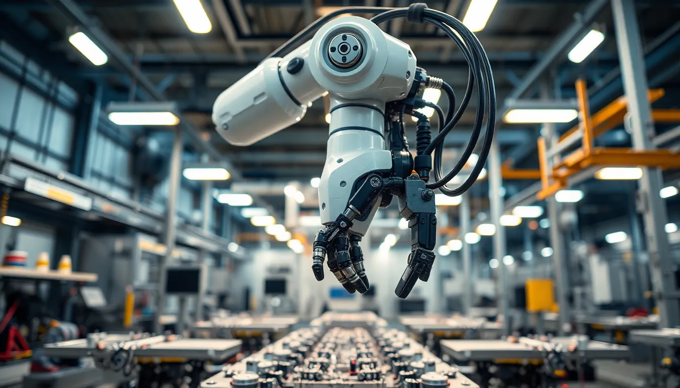 Robotic Arm in High-Tech Manufacturing Facility This high-definition image presents a robotic arm in action, skillfully assembling components in a modern manufacturing facility. The bright LED lighting accentuates the metallic textures, showcasing the high-tech environment. Sharp details capture the intricacies of the machinery, enhancing the futuristic feel. The color palette of silver and blue evokes a sense of advanced technology and precision.