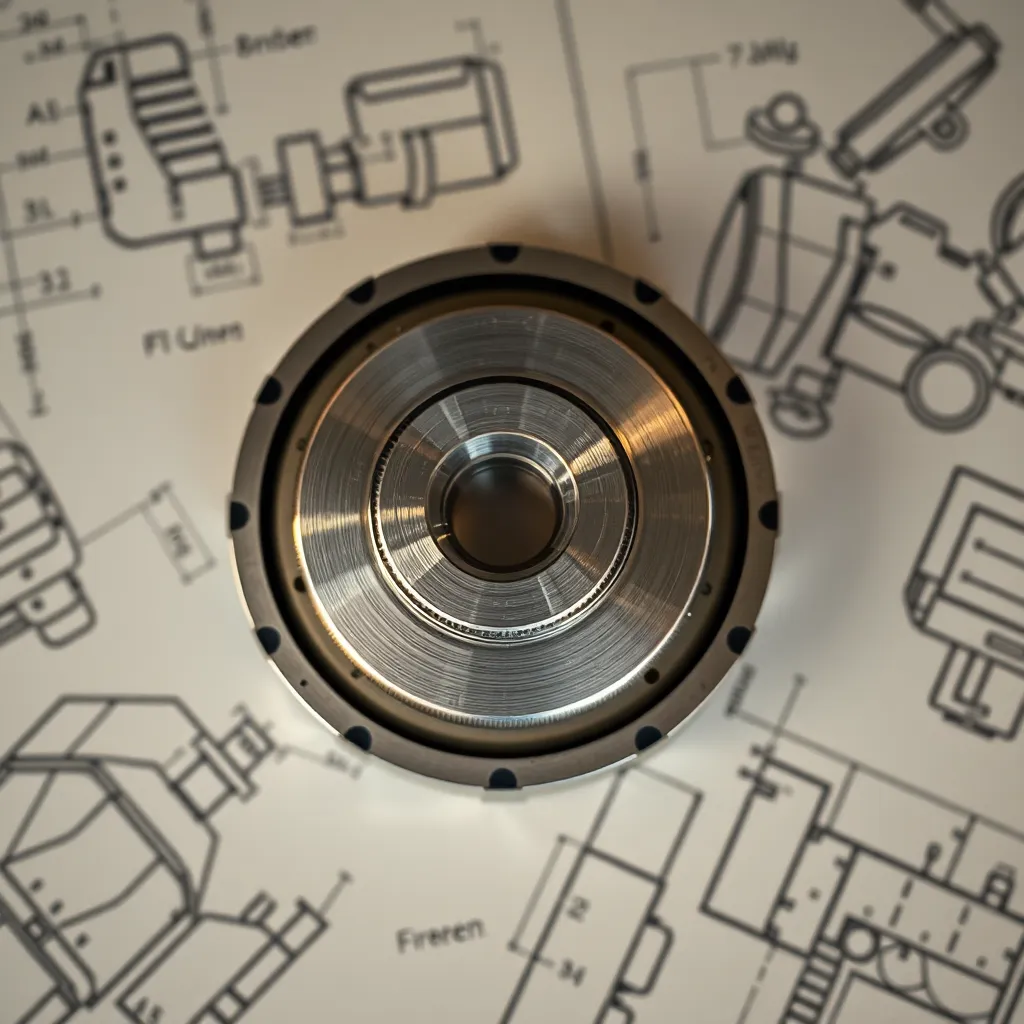 This macro photograph highlights a polished mechanical part, focusing on its intricate textures and details. Surrounded by handwritten engineering sketches, it emphasizes the thoughtful design process. The soft fill lighting brings out subtle highlights on the metal surface, while the muted color palette maintains a professional aesthetic. This blend of artistry and engineering speaks to the meticulous nature of mechanical design.