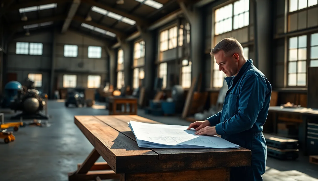 Engineer Analyzing Blueprints in Workshop