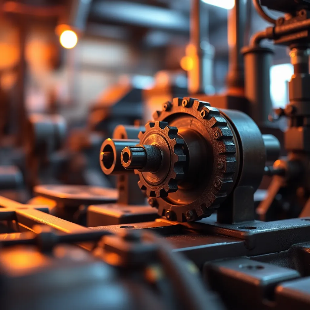 This macro shot captures a close-up view of intricately designed mechanical gears, showcasing their polished textures against a backdrop of cool metallic surfaces. The warm glow from tungsten lights adds a cozy ambiance, contrasting beautifully with the vibrant colors of the metal. The carefully selected focus emphasizes the craftsmanship involved, while the background softly blurs, drawing attention to the complexity of the gears.