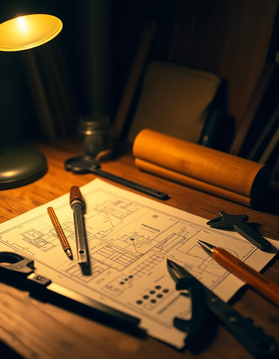 An intimate view of a designer's desk featuring blueprints and tools meticulously arranged. The warm light from a tungsten desk lamp creates a cozy, focused atmosphere. The desaturated earth colors lend a professional touch, while the textures of the blueprint, wooden desk, and metal tools add depth to the image. This scene encapsulates the meticulous planning and design process integral to engineering.
