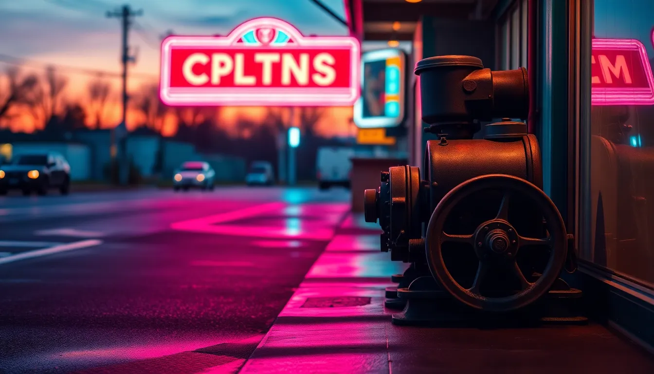 A moody twilight shot of vintage machinery highlighted by vivid neon reflections on the wet pavement. The shallow depth of field draws the viewer's focus to the intricate details of the machinery while creating a visually striking bokeh background. A Dutch angle adds dynamic tension, making the scene feel alive with energy. The cinematic color grading enhances the mood, portraying a blend of nostalgia and industrial grit.
