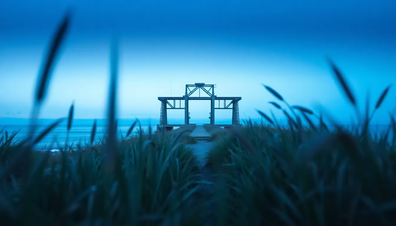 This serene image captures a coastal engineering structure at twilight, showcasing the harmonious blend of architecture and nature. The soft blue hues of dusk envelop the scene, while the last light of the setting sun adds gentle warm tones to the sky. The shallow depth of field creates a dreamy effect, blurring the grass in the foreground while keeping the structure in sharp focus. Leading lines from the pathway guide the viewer’s eye toward this engineering marvel, set against the tranquil backdrop of the ocean.