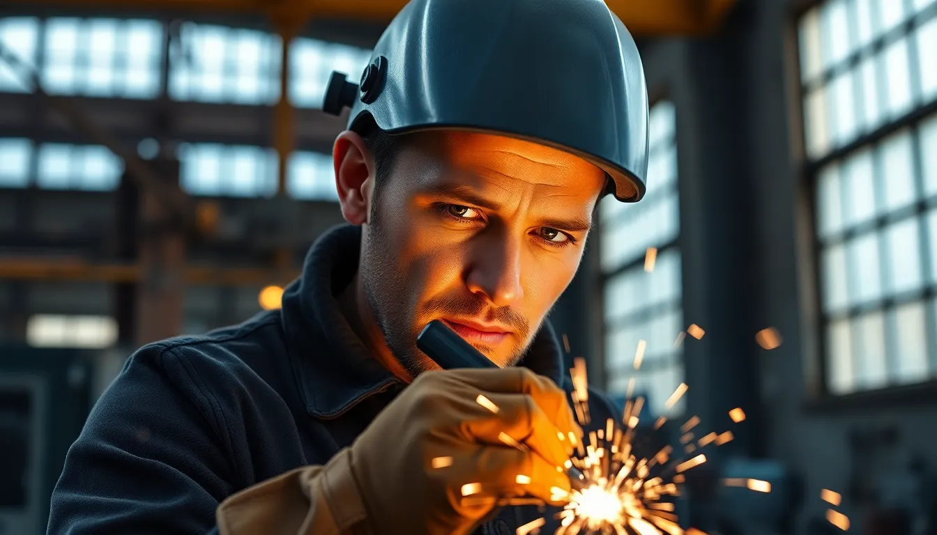 A welder intensely focused on their craft in a bustling industrial environment. Golden hour sunlight filters through large factory windows, highlighting the smoke and sparks in the air. The warm, muted tones create a gritty atmosphere, while the welder's leather gloves and protective gear exhibit detailed textures. The composition captures the dynamic working setting, emphasizing both the skilled craftsmanship and the raw energy of industrial labor.