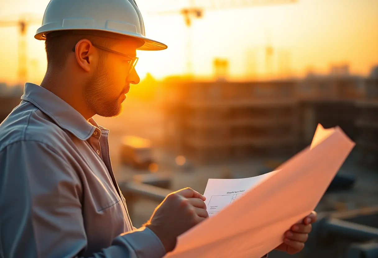 An engineer deeply engrossed in examining blueprints at a bustling construction site during golden hour. The warm backlighting creates an inviting atmosphere, while soft bokeh highlights the dynamic site in the background. The warm colors and detailed textures of the blueprint and engineer's attire reflect the meticulous nature of engineering work. This image conveys a sense of professionalism and dedication to building the future.