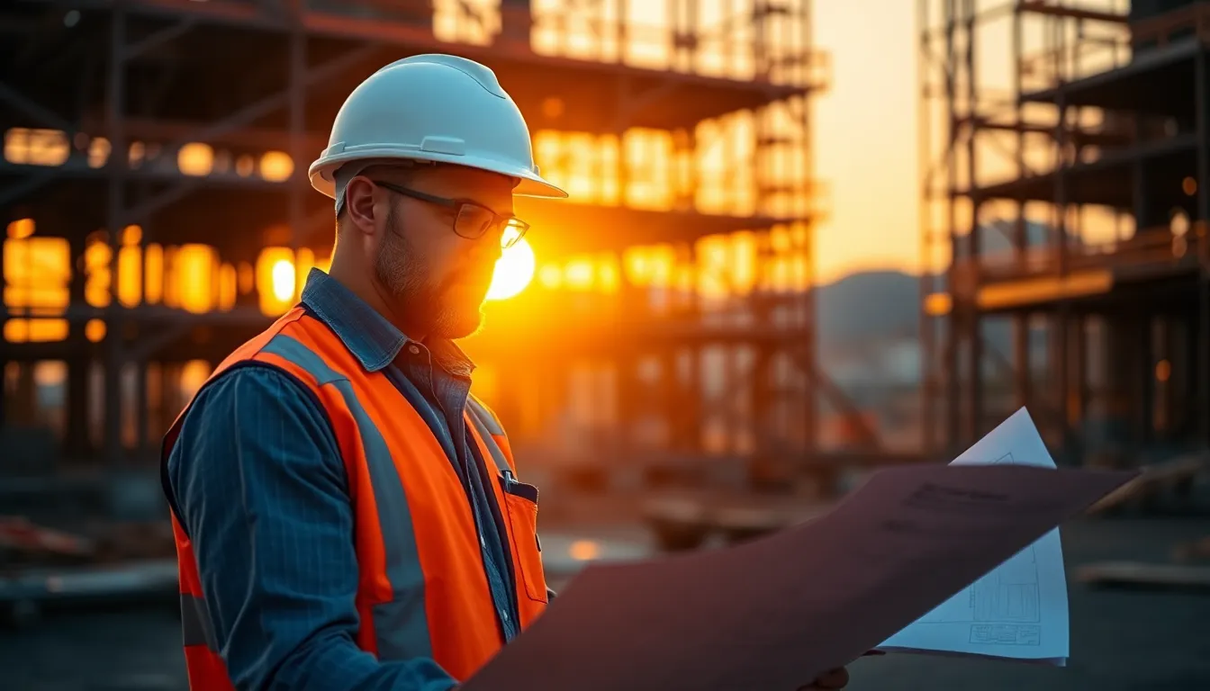 Civil Engineer on Construction Site at Sunset This captivating image showcases a civil engineer absorbed in reviewing plans on a construction site, illuminated by the warm light of sunset. The golden tones create an inviting atmosphere, while the blurred construction site in the background emphasizes the engineer's focus. Deep oranges and blues juxtapose the changing light, enhancing the scene's mood. Leading lines from scaffolding guide the viewer's gaze to the subject.