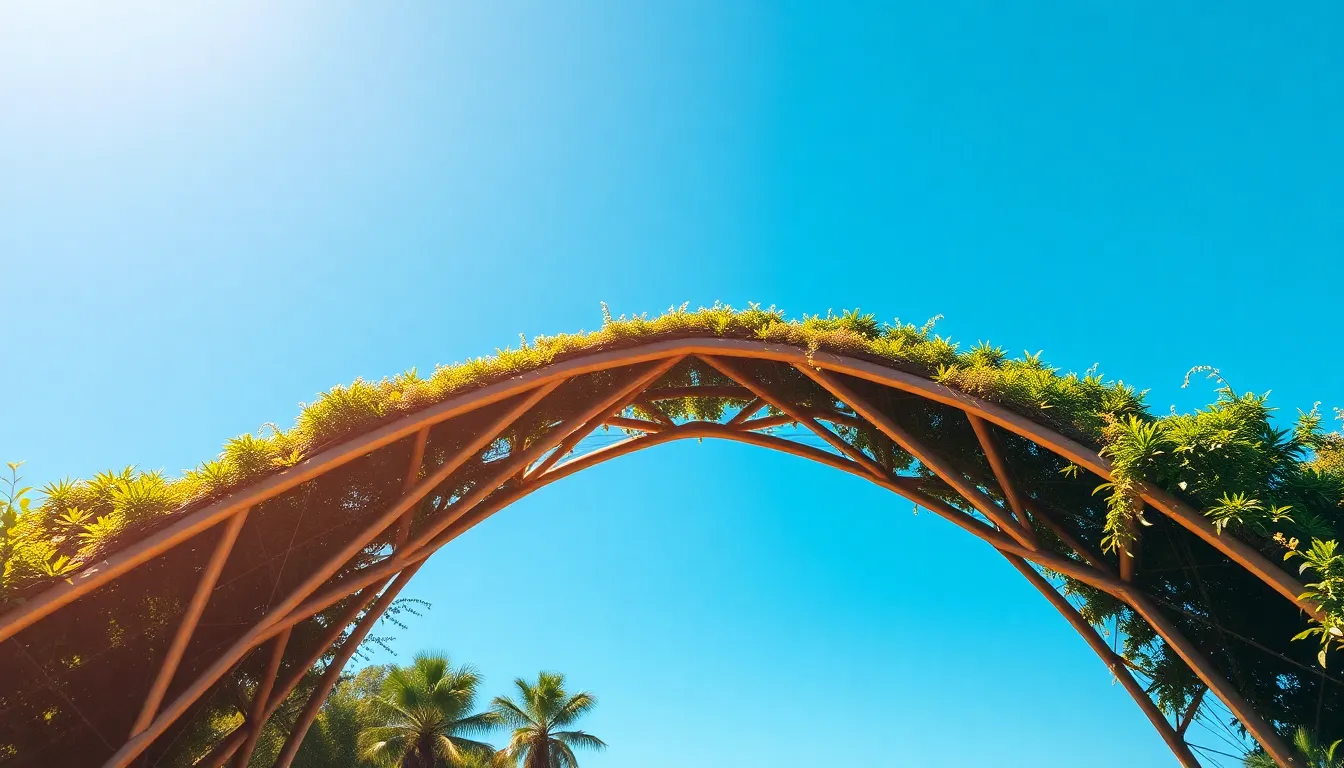 Eco-Friendly Bridge Under Clear Blue Sky This stunning image showcases an eco-friendly bridge, beautifully designed with organic materials, standing out against a clear blue sky. The natural sunlight accentuates the vibrant greens and earthy browns, highlighting its sustainable features. The soft background draws attention to the bridge, emphasizing its architectural elegance. Centered symmetry in the composition enhances its prominence in the scene.