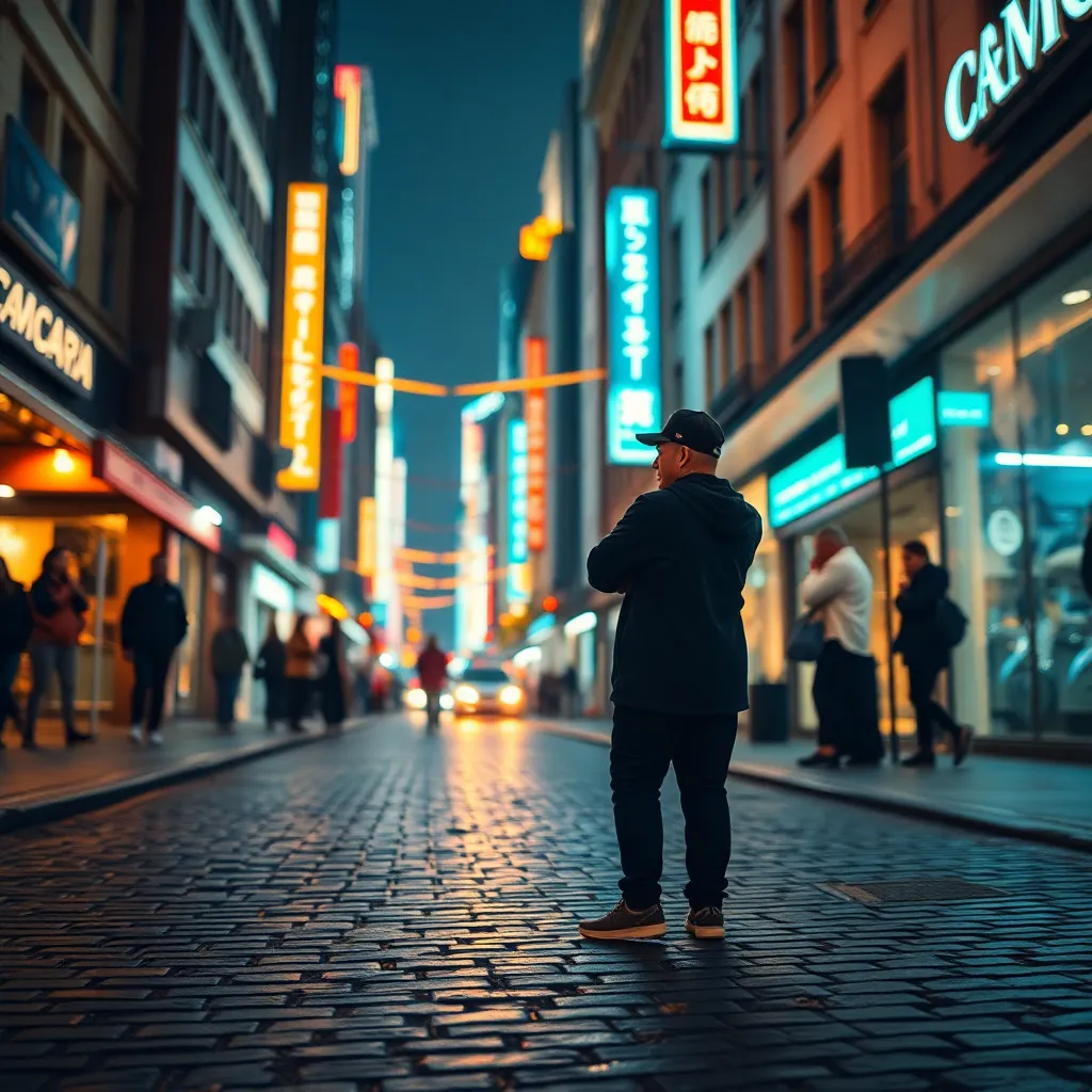 A dynamic street performer captivates a small audience under the vibrant neon lights of a bustling city. The atmosphere is electric, with colorful lights reflecting off the wet cobblestones, creating a rich visual tapestry. This night scene features a shallow depth of field that beautifully isolates the performer while adding a soft bokeh effect to the background. The cinematic teal and orange color grading enhances the visual appeal, making it perfect for entertainment-focused content.