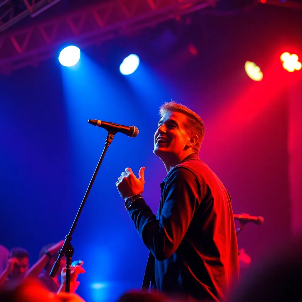 This striking image captures a vibrant live band performance, showcasing the lead singer's intense expression illuminated by bright stage lights. The dynamic atmosphere is amplified by vivid blues and reds, creating a sense of motion and energy. With musicians fully engaged and a blur of excited fans in the background, the image embodies the thrill of a live concert. The expertly crafted composition draws the viewer's eye toward the singer, enhancing the lively scene.