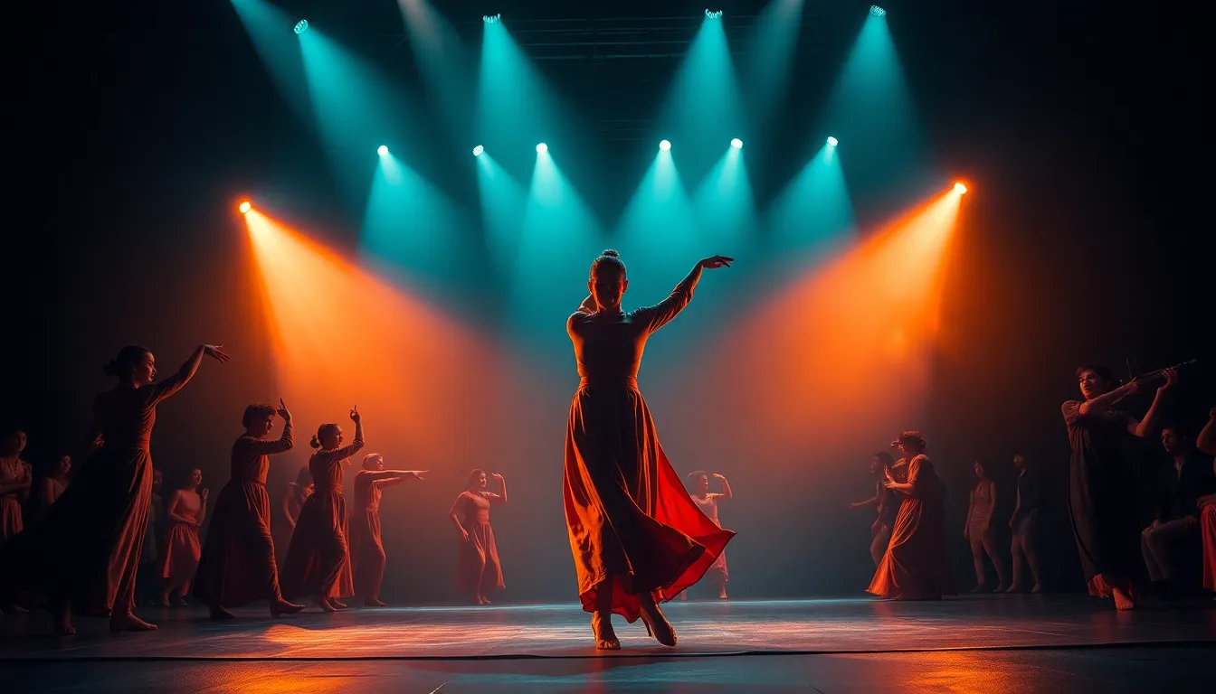 Dramatic Stage Performance Under Intense Spotlight