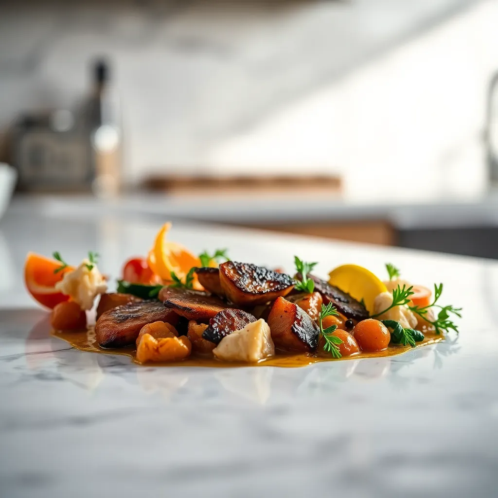 This exquisite image showcases a beautifully plated gourmet dish, artfully arranged on a sleek marble countertop. The butterfly lighting accentuates the vibrant colors and textures of the food, drawing the viewer's eye to the intricate details. With a warm and inviting color palette, the image evokes a sense of culinary artistry and refinement. The thoughtful composition emphasizes the dish's elegance, making it a feast for the eyes as well as the palate.