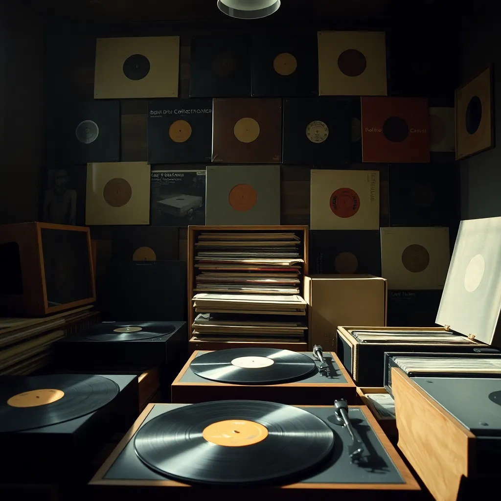 A meticulously arranged collection of vintage vinyl records tells a story of musical nostalgia. The overhead lighting enhances the contrasts, illuminating the smooth textures of the records and the warm wood of the turntable. Each detail is crisp and clear, inviting viewers into the world of vinyl enthusiasts. The muted color palette creates a cozy atmosphere, perfect for music lovers and home decor enthusiasts alike.