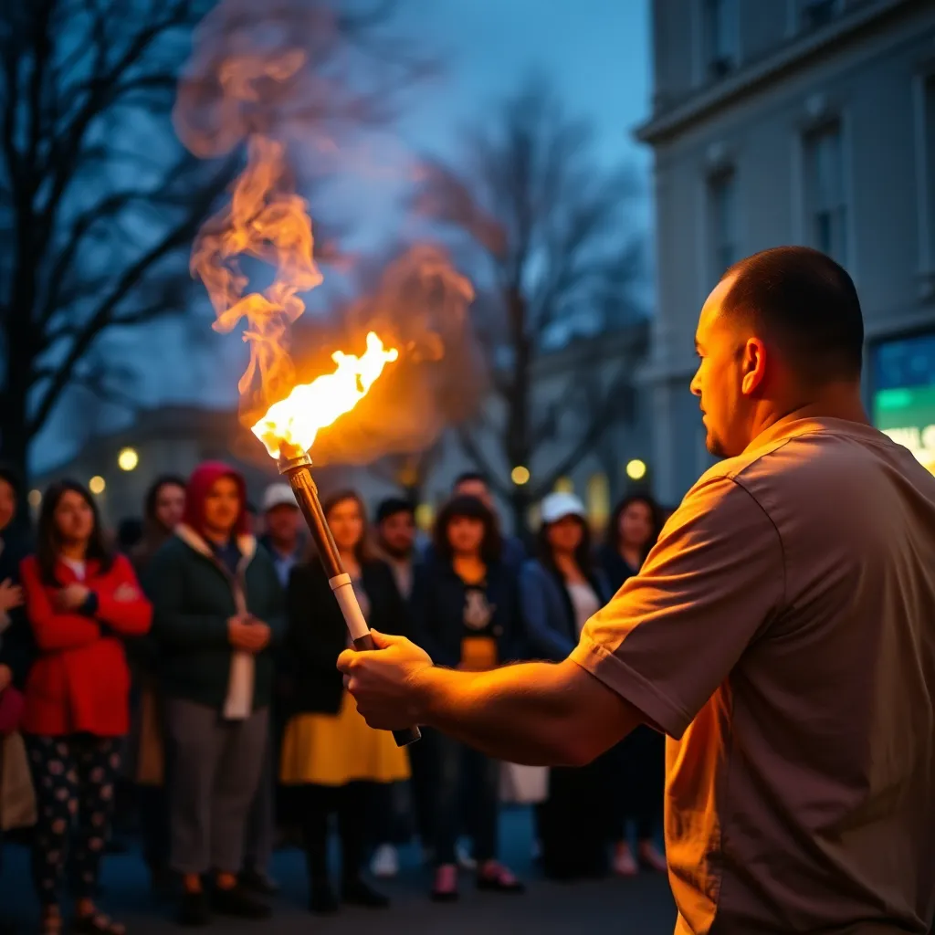 This captivating street scene comes alive with a performer juggling flaming torches as dusk sets in. The warm glow of the flames illuminates the performer, creating a striking contrast against the deepening blue sky. Bystanders watch in awe, their faces softened in the background, capturing the engagement and excitement of the moment. The thoughtful composition highlights the energy of street performance, making it a memorable and vibrant portrayal of urban entertainment.