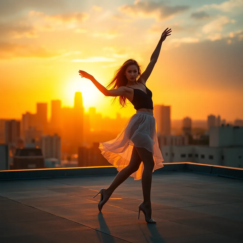 In this breathtaking shot, a dancer performs on a rooftop during sunset, bathed in warm golden light that outlines her figure. The city skyline provides an urban backdrop, contrasting beautifully with the vibrant orange and teal hues of the sky. With the entire scene in crisp focus, the dancer’s fluid motion captivates the viewer, embodying the harmony between art and city life. This dynamic composition highlights both the grace of the performer and the beauty of the surrounding environment.
