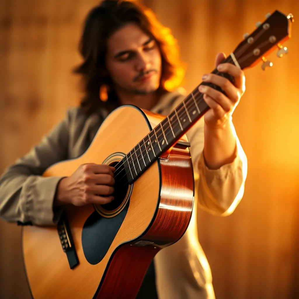 An acoustic guitarist passionately plays as the golden hour light bathes the scene in warmth. The focus on the musician's hands showcases the intricacies of their craft, while the background gently blurs into a soft bokeh. The natural muted color palette evokes a sense of tranquility, making it ideal for conveying the soothing power of music. The textural detail of the wooden guitar contrasts beautifully with the intimate setting.