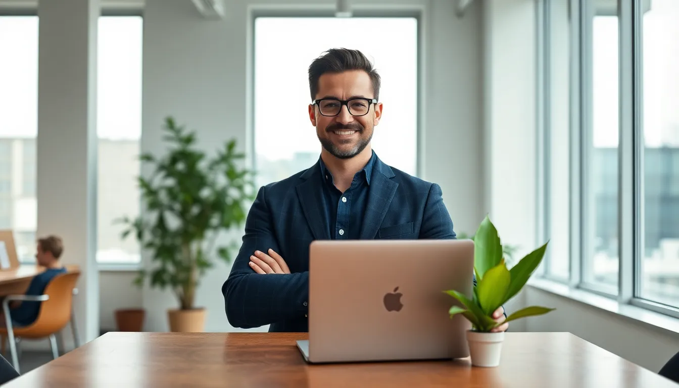 This image features a confident entrepreneur in a sleek, modern office setting, embodying professionalism and determination. Soft, diffused daylight filters through large windows, creating a serene atmosphere that complements the natural muted tones of the space. The entrepreneur's expressive face and posture convey ambition, while the polished desk and vibrant plant add layers of texture, inviting viewers into the scene. The careful composition enhances focus on the entrepreneur's features, making this a perfect representation of modern business success.