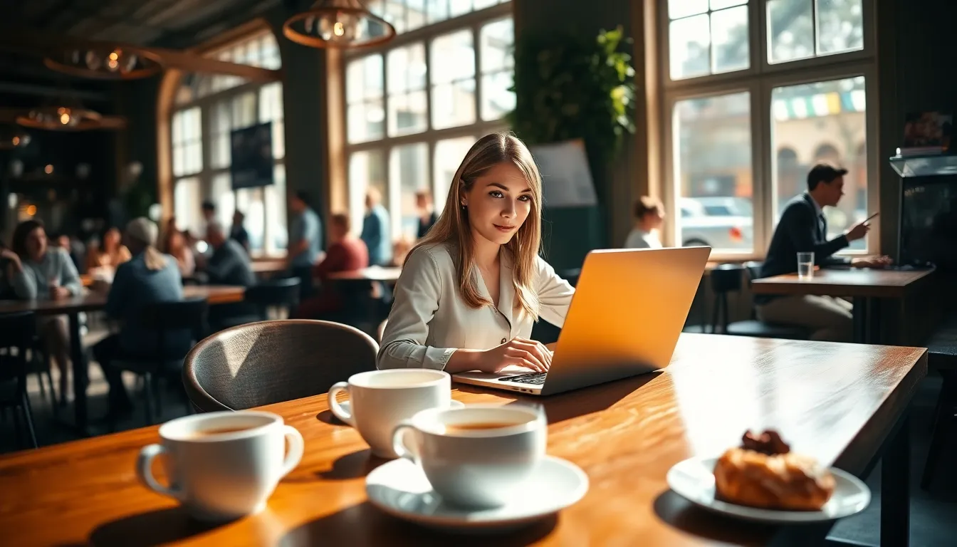 In this intimate image, a female entrepreneur is captured deep in thought as she works on her laptop in a chic coffee shop. Natural light streams through large windows, illuminating her focused expression and creating a warm, inviting atmosphere. The color palette, featuring warm coffee tones, enhances the cozy vibe of the scene. Foreground framing with coffee cups and pastries draws viewers into the moment, showcasing the blend of productivity and comfort that defines modern entrepreneurship.