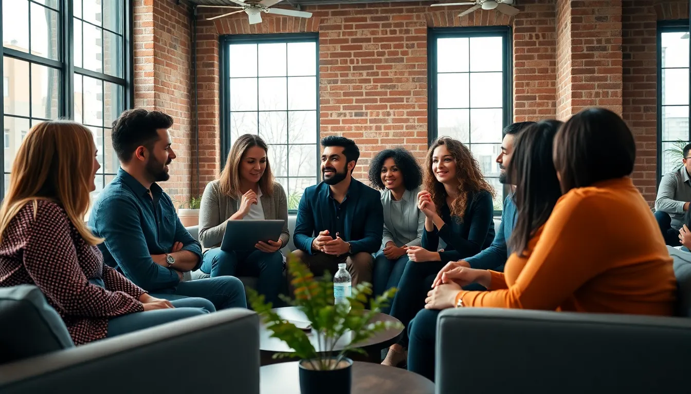 This dynamic image showcases a group of diverse entrepreneurs actively engaged in a collaborative meeting, reflecting the modern spirit of teamwork and innovation. Overcast sunlight filters through large windows, creating a balanced light that accentuates the vibrant colors and interactions in the room. The cinematic teal and orange color grading infuses energy into the atmosphere, inviting viewers to feel the dynamism of the meeting. With a textured backdrop of brick walls and stylish furniture, this image beautifully portrays the essence of collaboration in the business world.