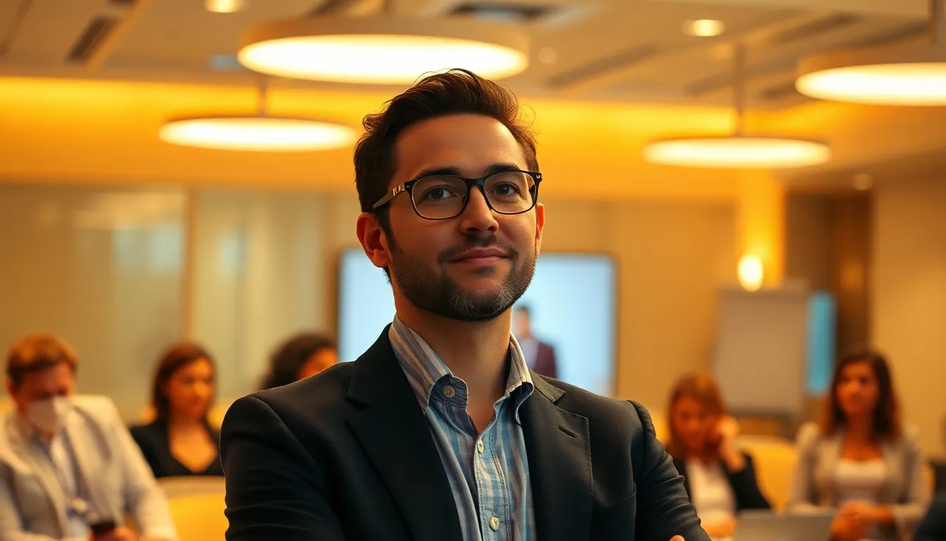 This image captures an entrepreneur confidently presenting a pitch to a group of investors in a bright conference room. Warm rim lighting enhances the subject's features, while a shallow depth of field keeps focus on the entrepreneur's engaged expression. Subtle golden tones in the color palette create an inviting atmosphere, suggesting professionalism and enthusiasm. The centered composition places the entrepreneur at the forefront, with visual aids in the background, embodying the essence of a successful business presentation.