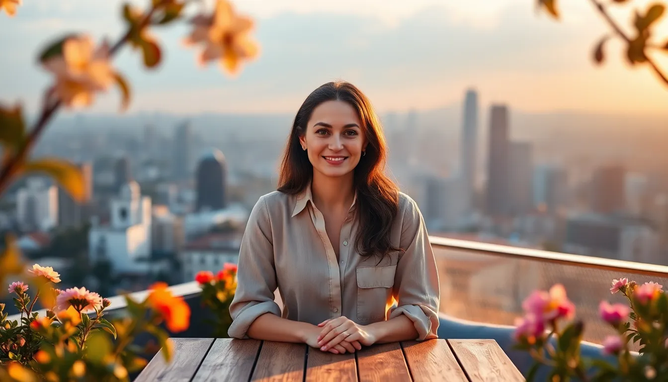 This vibrant image showcases a female entrepreneur enjoying a moment of inspiration on a rooftop terrace. With a stunning cityscape in the background, she gazes thoughtfully into the distance as the warm golden hour light bathes her in a soft glow. The natural elements and urban backdrop create a harmonious blend of nature and city life, embodying a spirit of creativity and ambition.