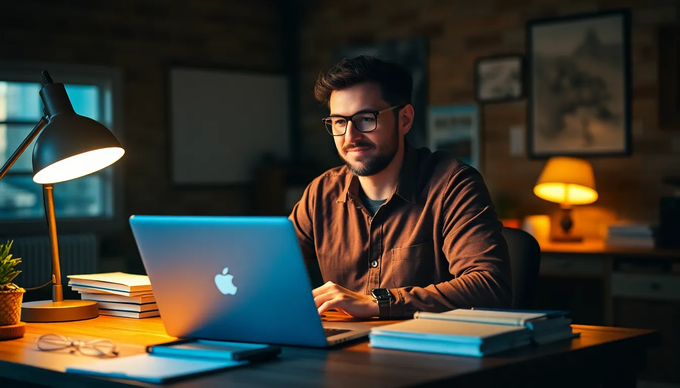 A focused entrepreneur is seated at a rustic wooden desk, surrounded by notebooks and a laptop in a cozy home office. Warm tungsten lighting casts a soft glow, highlighting the entrepreneur's thoughtful expression. The rich earth tones create an inviting and productive atmosphere. The shallow depth of field draws attention to the subject while the textured wooden surface enhances the intimate setting.