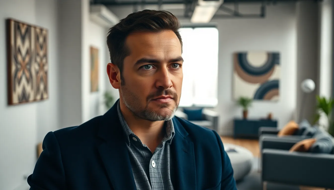 A determined entrepreneur sits at their desk, captured in a modern office environment. The natural light filters softly through the window, illuminating their focused expression and the subtle textures of the workspace, including a textured wall behind them and sleek office furniture. The muted earth tones create a calm yet inspiring atmosphere, emphasizing the subject's dedication to their work.
