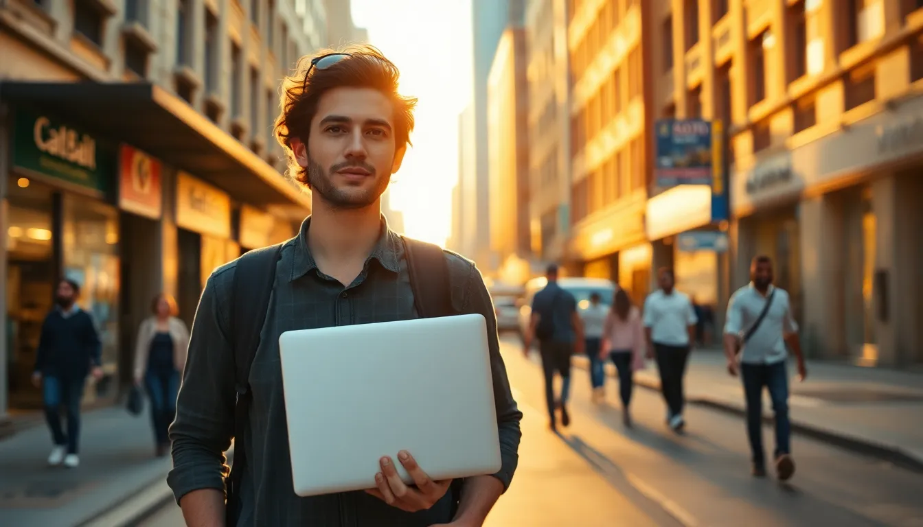 An entrepreneur strides through a bustling city street during golden hour, illuminated by warm backlighting. Their confident demeanor and laptop in hand reflect the pulse of urban life. The vibrant Kodak Portra 400 color palette enhances the scene, bringing out warm skin tones amid the lively backdrop. Perfectly composed with leading lines guiding the viewer's gaze, this image embodies the essence of ambition in a dynamic environment.