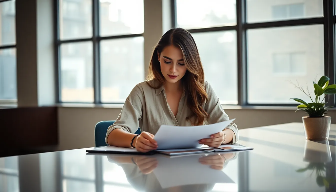 Focused Female Entrepreneur Reviewing Documents