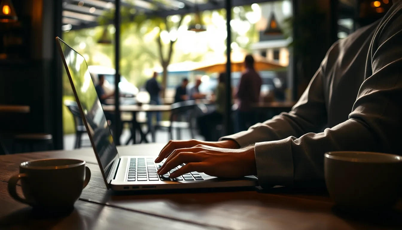 In a bustling coffee shop, an entrepreneur is captured in the act of productivity, focused on their laptop. Dappled sunlight filters through the window, creating a warm, inviting glow. The shallow depth of field ensures the hands and keyboard are crisp while the background melts into a soft bokeh, highlighting the textures of the wooden table and coffee cup. The natural muted colors enhance the cozy ambiance of the setting.