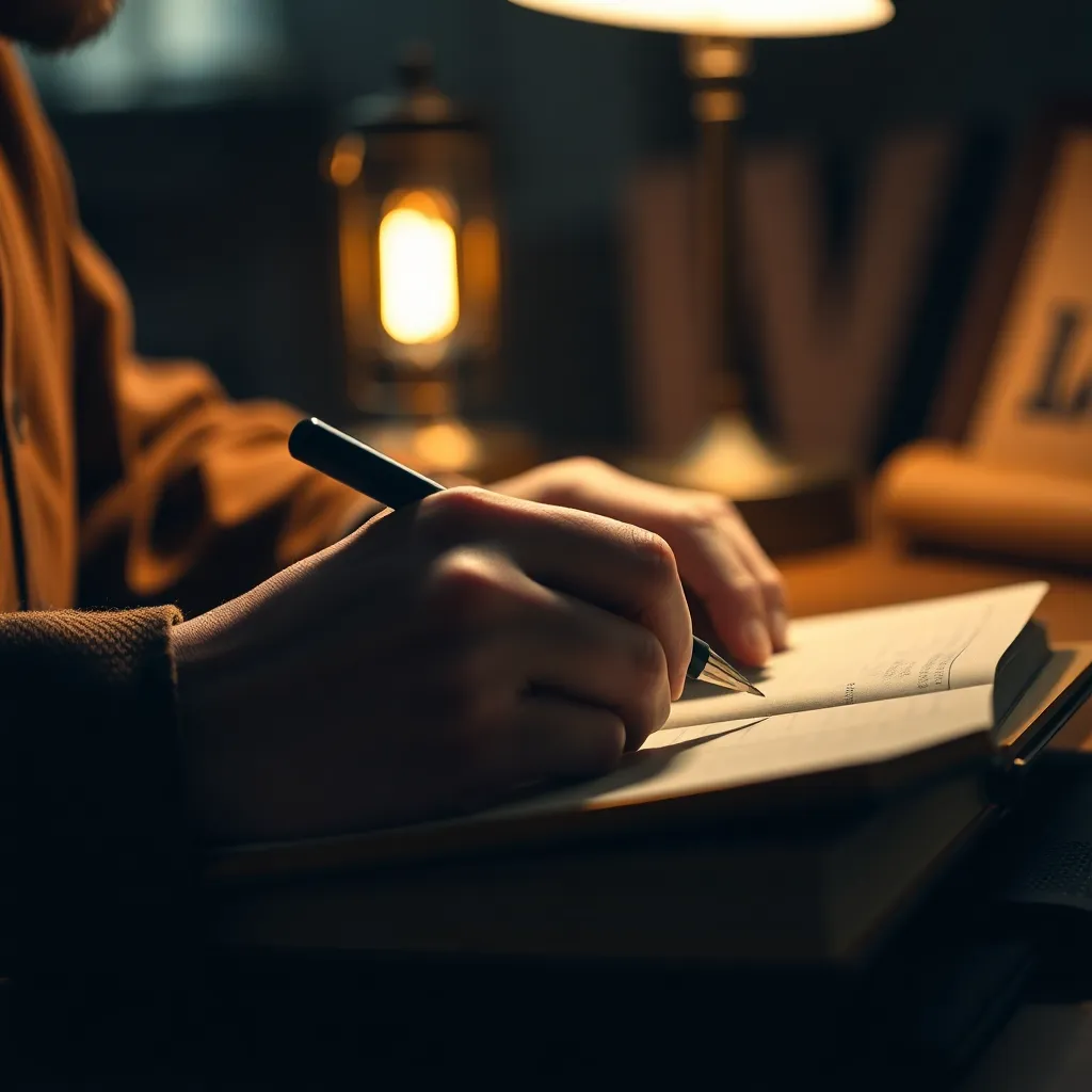 This detailed close-up image captures an entrepreneur's hands as they write in a luxurious leather-bound journal. The warm glow of a tungsten lamp accentuates the rich textures of the leather and paper. The shallow depth of field highlights the commitment and creativity reflected in the act of writing, creating a personal connection with the viewer.