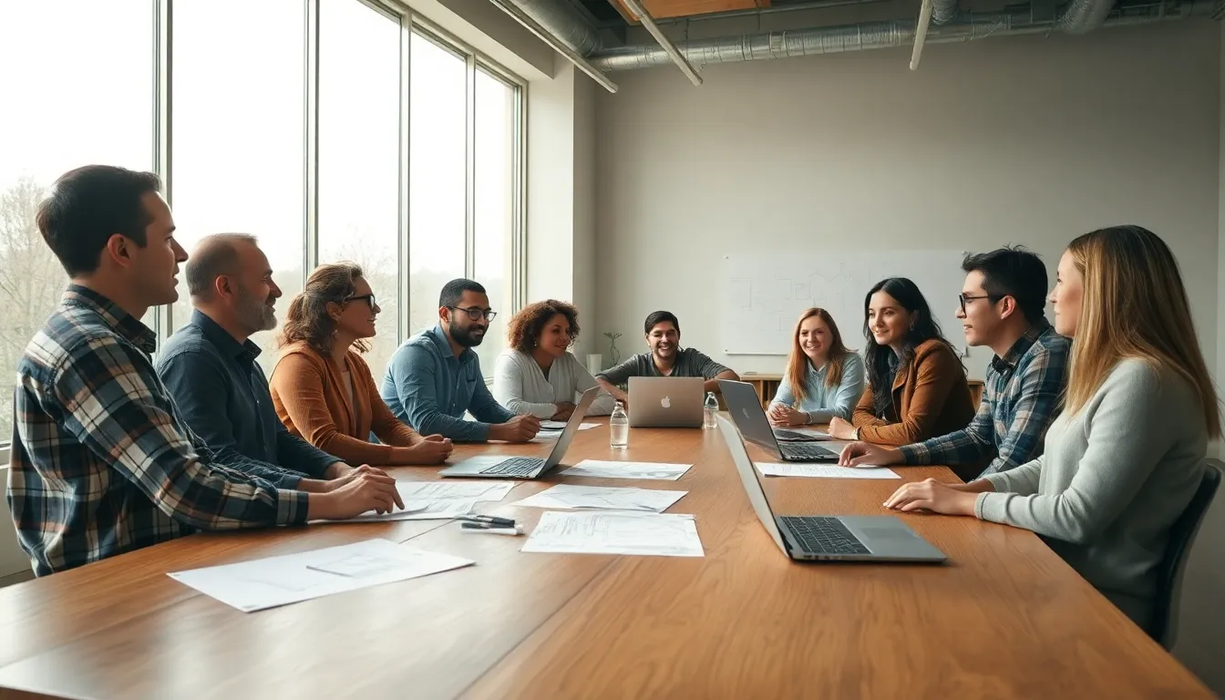 This image beautifully captures a diverse team of entrepreneurs actively brainstorming in a bright office setting. The overcast daylight filtering through large windows creates a soft, even lighting that enhances the collaborative atmosphere. Rich textures of the wood table and scattered notes add warmth to the scene, while the composition emphasizes creativity through leading lines directing attention to the engaged team. The muted color palette enhances the focus on their ideas and discussions.