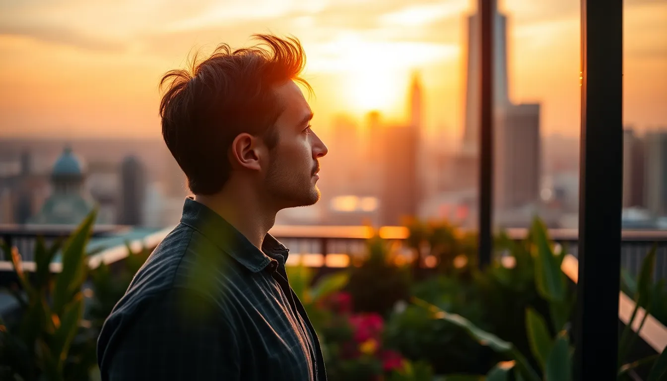 This breathtaking image portrays an entrepreneur looking thoughtfully over the city from a serene rooftop garden at sunset. The warm glow of natural light enhances the pastel colors of the sky, creating a tranquil scene. Lush greenery frames the subject, whose contemplative expression is beautifully captured in sharp focus against a soft urban backdrop. This composition conveys a perfect blend of nature and city life.