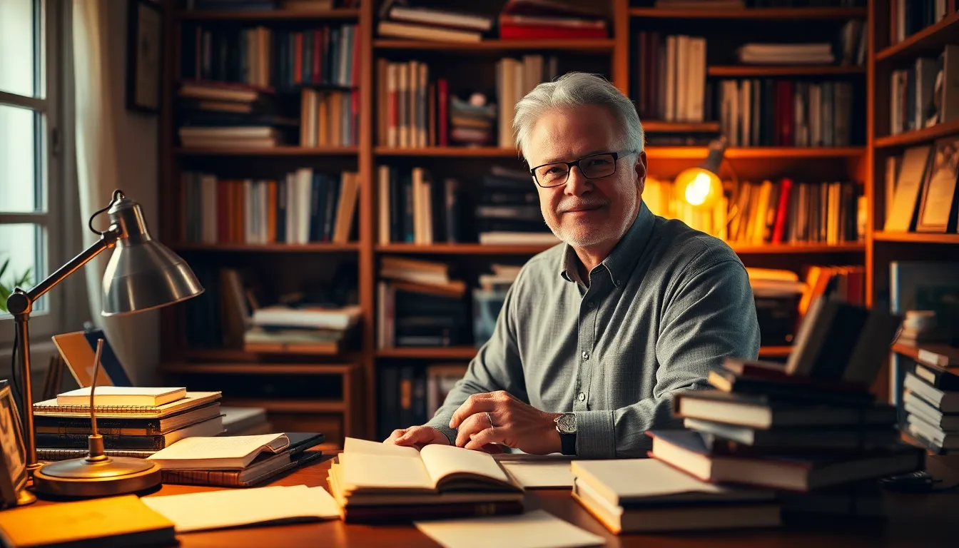 This intimate portrait features a mature entrepreneur deeply focused while surrounded by an array of books and notes in a cozy home office. The warm light from a vintage desk lamp creates an inviting atmosphere, perfect for creativity. The meticulous detailing emphasizes their dedication and passion, evoking a sense of warmth and professionalism.