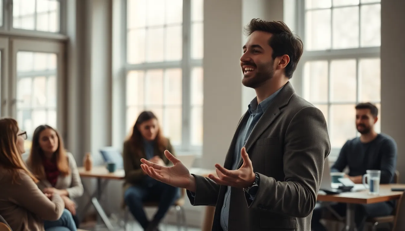 This engaging image captures an entrepreneur animatedly presenting in a modern co-working space. Soft daylight filters through large windows, creating a warm and inviting atmosphere. The muted earth tones of the decor enhance the scene's calmness as the audience remains engaged in the background. The dynamic composition centers on the enthusiastic gestures of the entrepreneur, conveying passion and collaboration.