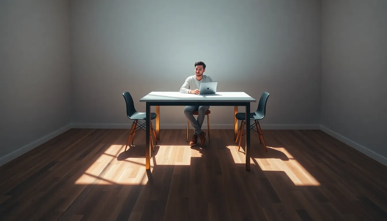 A serene entrepreneur sits in a minimalist co-working space, deeply focused on work at a sleek wooden table. Early morning light streams in, casting geometric shadows that enhance the tranquil environment. The centered symmetrical composition draws attention to their calm presence, surrounded by a palette of soft blues and warm wood tones. This image captures the essence of productivity and mindfulness in a contemporary workspace.