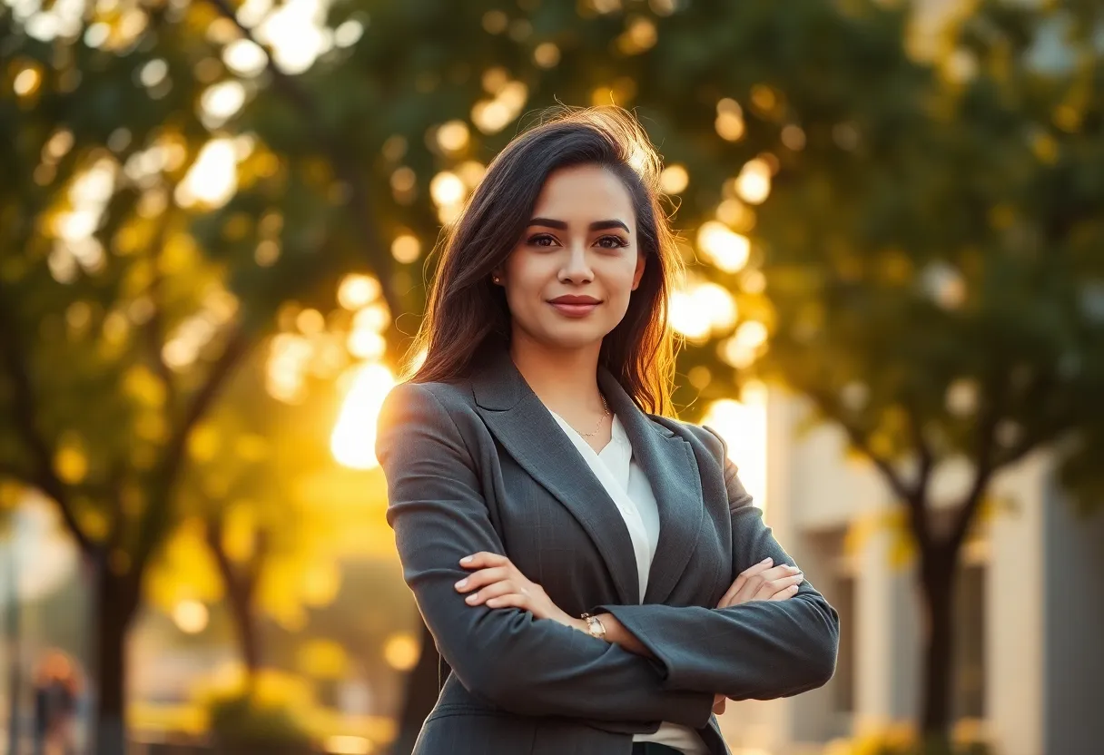 This powerful portrait of a female entrepreneur captures her confidence as she stands with arms crossed in an urban environment during golden hour. Dappled sunlight filters through nearby trees, creating enchanting bokeh highlights that frame her presence. With a shallow depth of field emphasizing her strong expression and business attire's textures, this image radiates empowerment and determination. The warm undertones of natural colors invite viewers to connect with her aspirational journey.