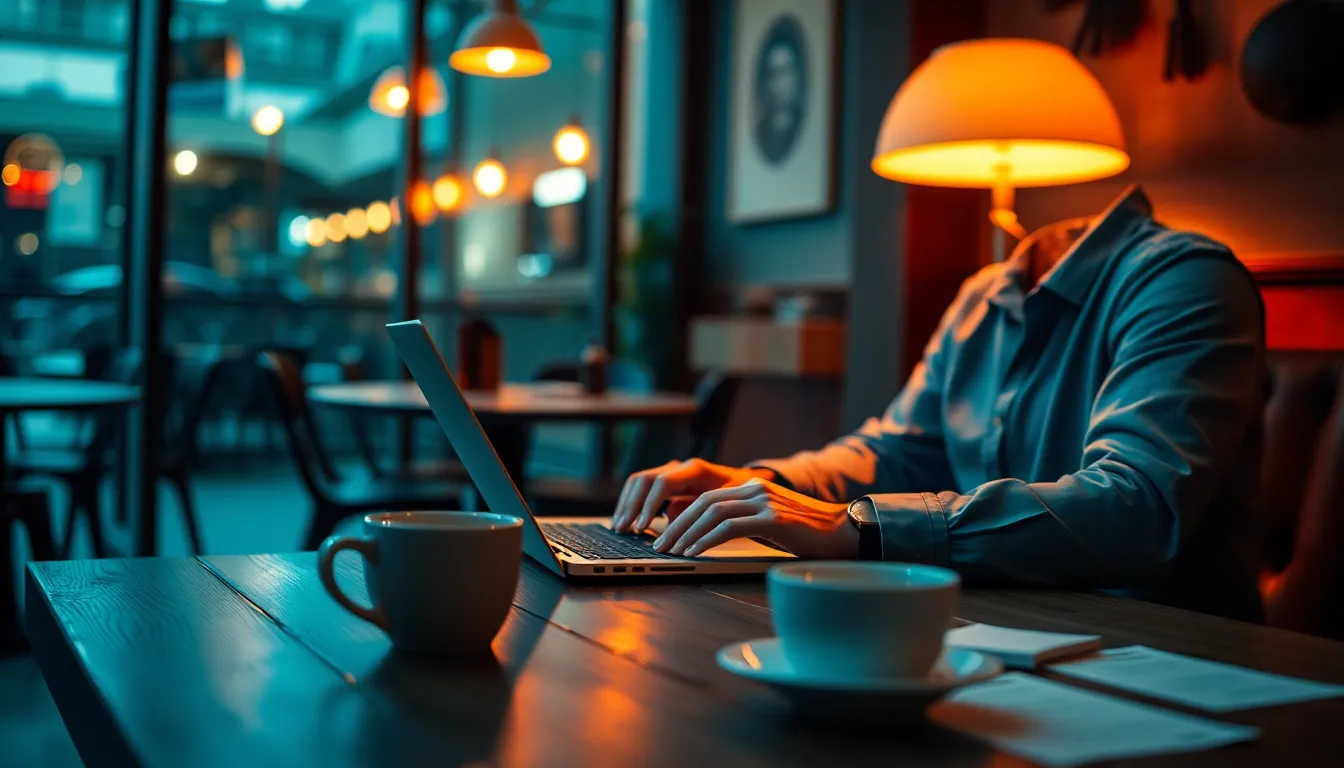 This intimate scene depicts an entrepreneur working late in a cozy cafe illuminated by a warm lamp. The cinematic teal and orange color grading creates a rich and welcoming ambiance, as soft bokeh surrounds the focused subject. The composition prominently features their hands typing on a laptop, with textured wood and notes adding to the narrative of diligence and creativity. The image invites viewers to feel the energy and passion of entrepreneurship at work.