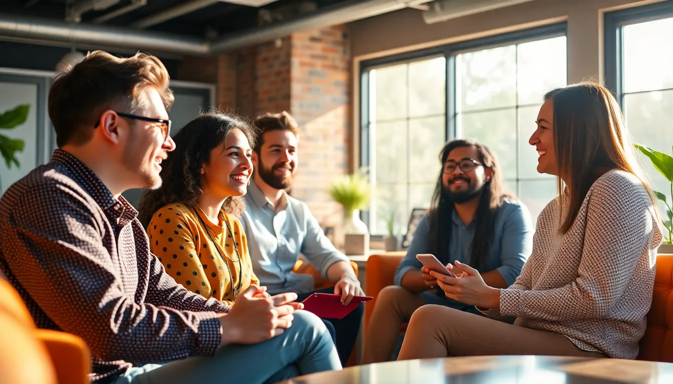 This lively scene features a diverse group of entrepreneurs collaborating in a modern co-working space. Bathed in natural light, they are deeply engaged in discussion, surrounded by creative decor. The playful dappled sunlight and vibrant colors contribute to an atmosphere of innovation and teamwork, highlighting the dynamic energy of entrepreneurial spirit.