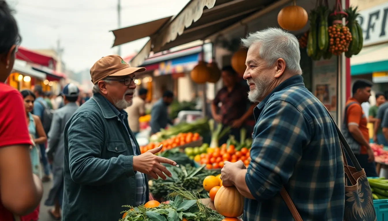 An energetic entrepreneur engages with customers at a vibrant street market, surrounded by an array of colorful produce. The overcast day softens the light, providing a balanced exposure to highlight the textures of the setting. The Dutch angle captures the bustling atmosphere, evoking a sense of excitement and interaction. This image showcases the entrepreneurial spirit in action, immersed in a lively community environment.