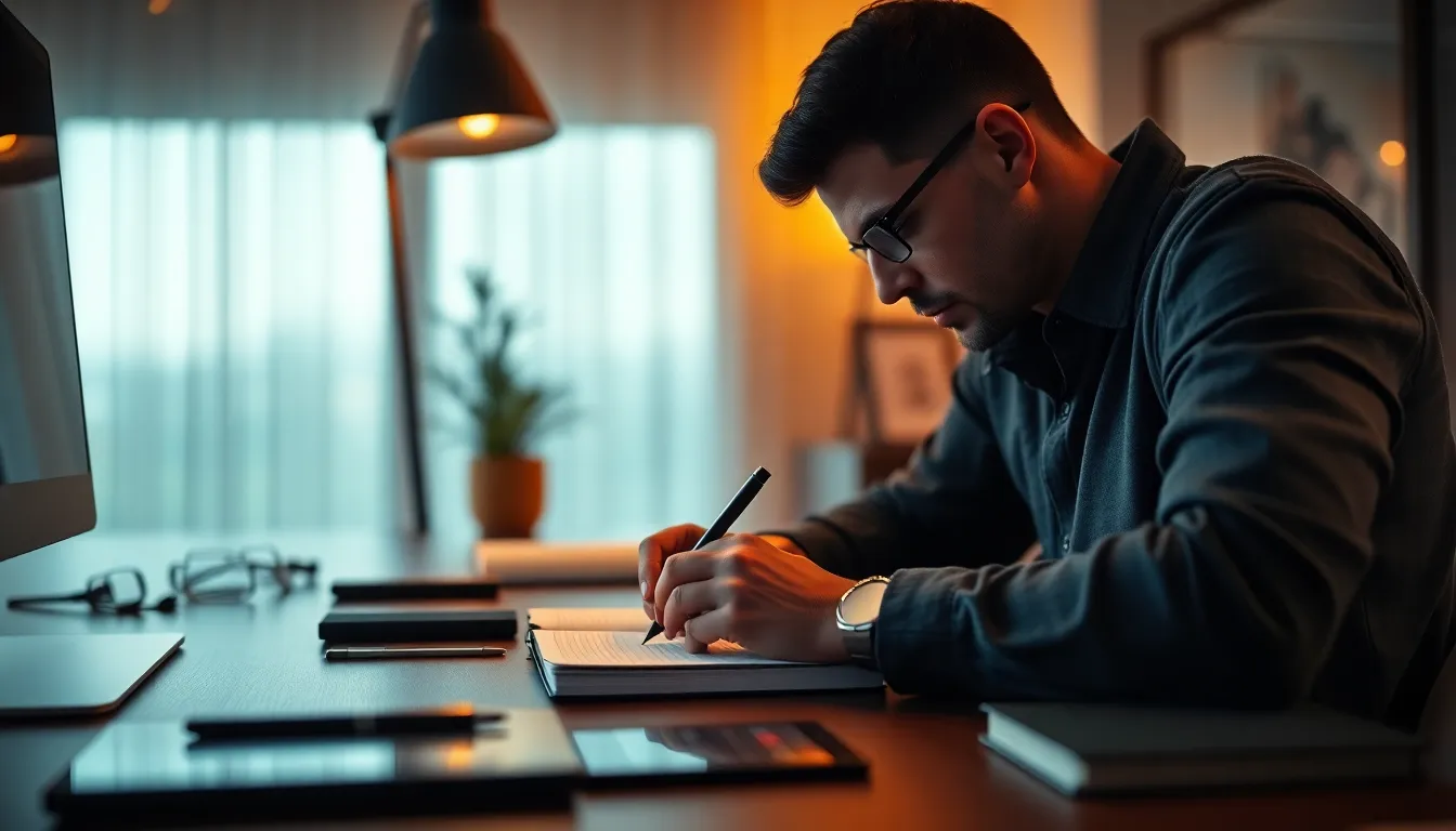This intimate close-up showcases an entrepreneur absorbed in writing at a sleek, modern desk. Warm tungsten light from a stylish lamp sets a cozy mood, enhancing the rich brown tones of the wood. The scene captures the detailed action of writing, with a soft blur on the background office materials, emphasizing the focus on creativity and professionalism. The carefully arranged items add a layer of sophistication to the workspace.