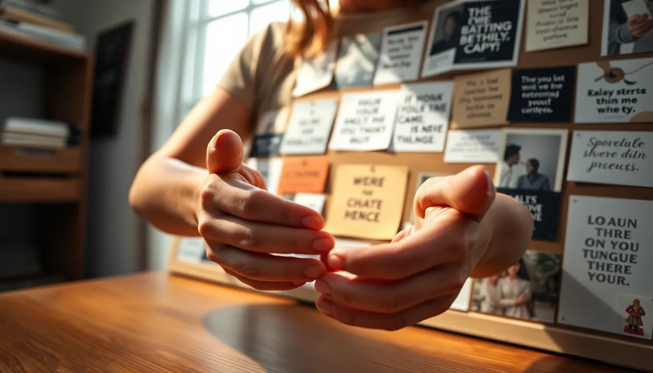 This intimate close-up image captures a female entrepreneur's hands curating an inspiring vision board. The soft, diffused natural light highlights the textures of her skin and the colorful materials of the board, creating a sense of warmth and focus. Rich earth tones enhance the creative atmosphere, while the shallow depth of field draws attention to the details of the arrangement. The composition centers on her hands, inviting viewers to feel the empowerment and aspiration embedded in her creative process.