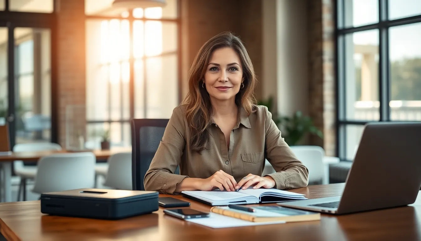 A determined female entrepreneur is captured in her bright and modern office, seated at a sleek wooden desk filled with creative tools. Natural light filters through expansive windows, bathing the scene in warmth and softness. Her focused expression reflects ambition, with earth tones enhancing the inviting mood. The composition artfully highlights her, ensuring she remains the focal point in a dynamic workspace.