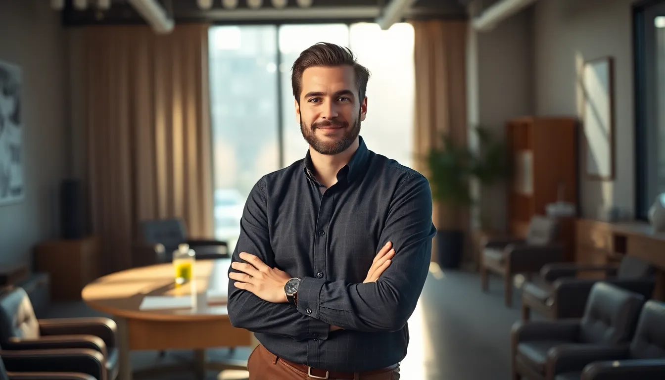 A determined entrepreneur sits at a stylish modern desk, bathed in soft light from a large window. The warm tones of the office space enhance the atmosphere of professionalism and ambition. The entrepreneur is dressed in a tailored suit, exuding confidence with a focused expression. The composition highlights the sleek office decor with sharp reflections and a blurred background, drawing attention to the subject's commanding presence.